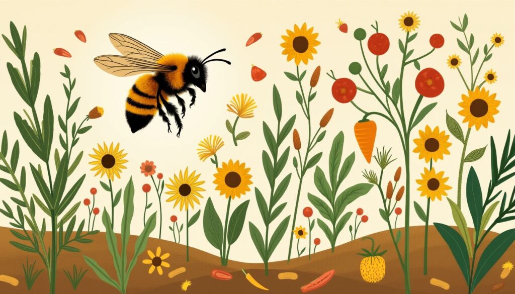 Power Of Pollinators, Bee flying over blooming flowers, fruits, and vegetables.