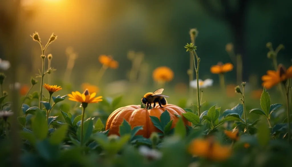 Close-up of a bee on a vibrant pumpkin flower, symbolizing the connection between Bloomer's limited edition filter tips and pollinator support in eco-friendly practices.