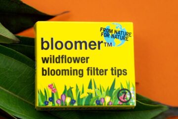 Bloomer filter tip box resting on green leaves, showcasing eco-friendly smoking accessories designed to support pollinators.