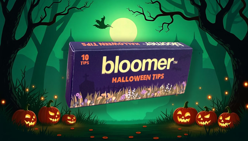 Bloomer Halloween filter tips designed to save bees and support pollinator health. Limited edition Bloomer filter tips showcased against a festive Halloween backdrop featuring vibrant pumpkins, symbolizing eco-friendly smoking and support for pollinators