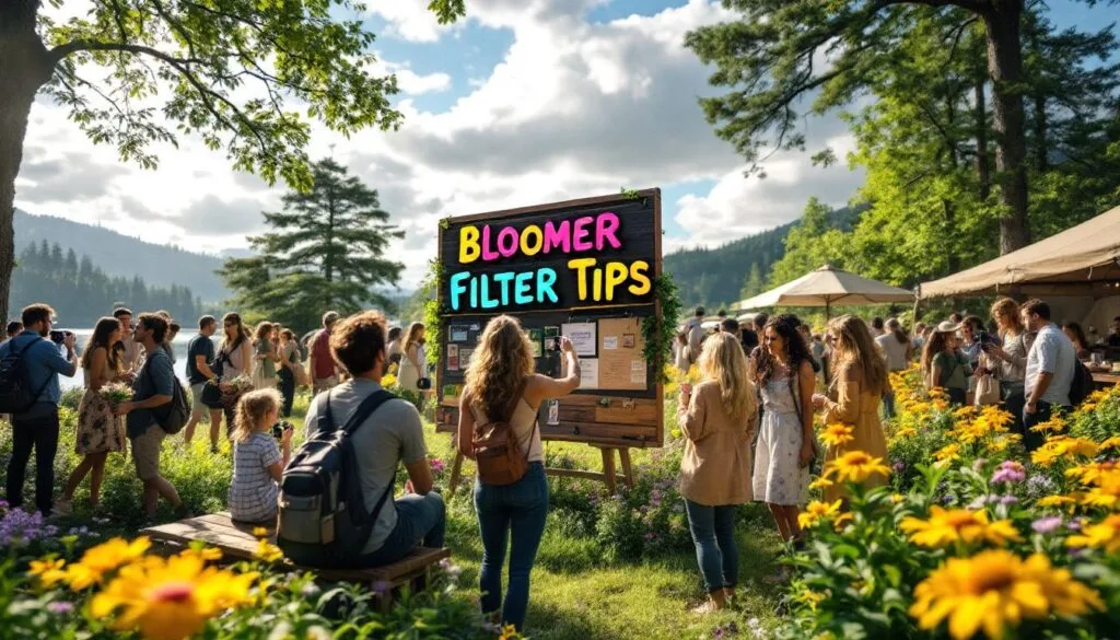 A group of friends enjoying nature in a field while looking at a board displaying 'Bloomer Filter Tips,' promoting eco-friendly smoking solutions.