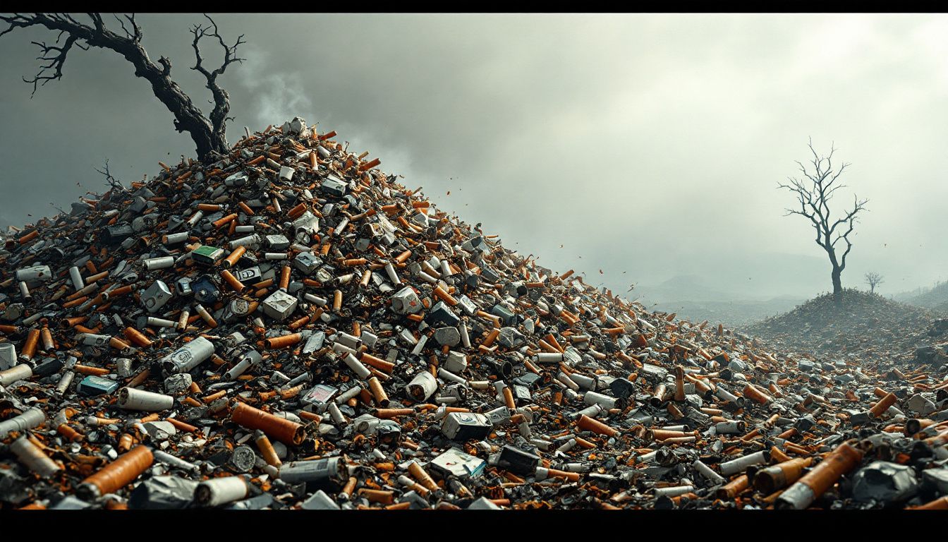 Cigarette pollution impact: Pile of burnt cigarette butts against a smoky sky and dead trees, illustrating environmental damage