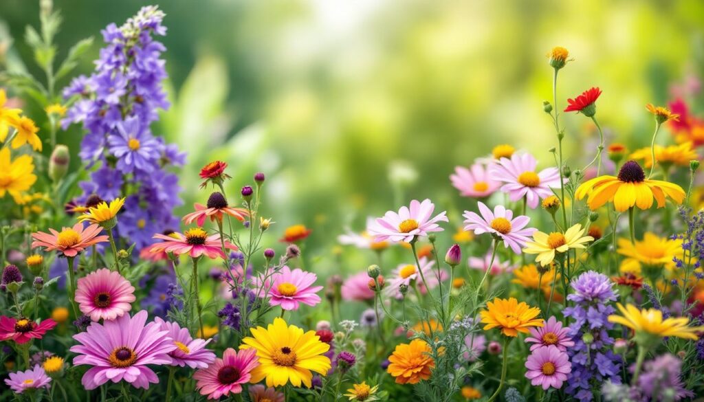 Vibrant collage of diverse wildflowers, showcasing a variety of colors and species that support pollinator health and promote biodiversity in natural ecosystems.