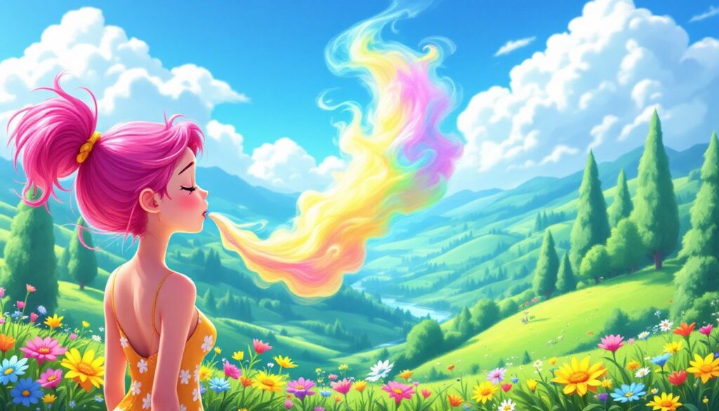 A girl with vibrant pink hair exhaling colorful smoke in a lush green forest surrounded by blooming flowers, symbolizing the harmony between eco-friendly smoking and nature conservation.