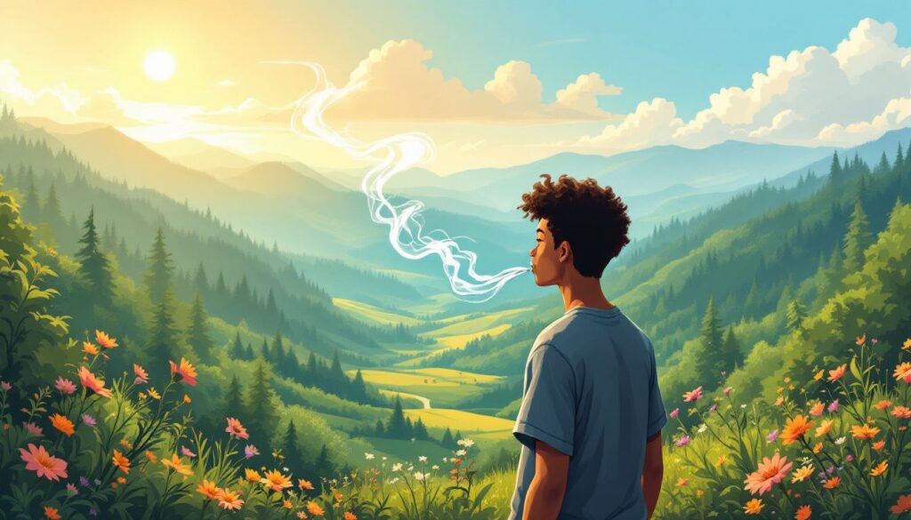 A light-skinned man enjoying a Bloomer filter tip while surrounded by lush greenery and vibrant flowers, symbolizing the connection between eco-friendly smoking and nature conservation.