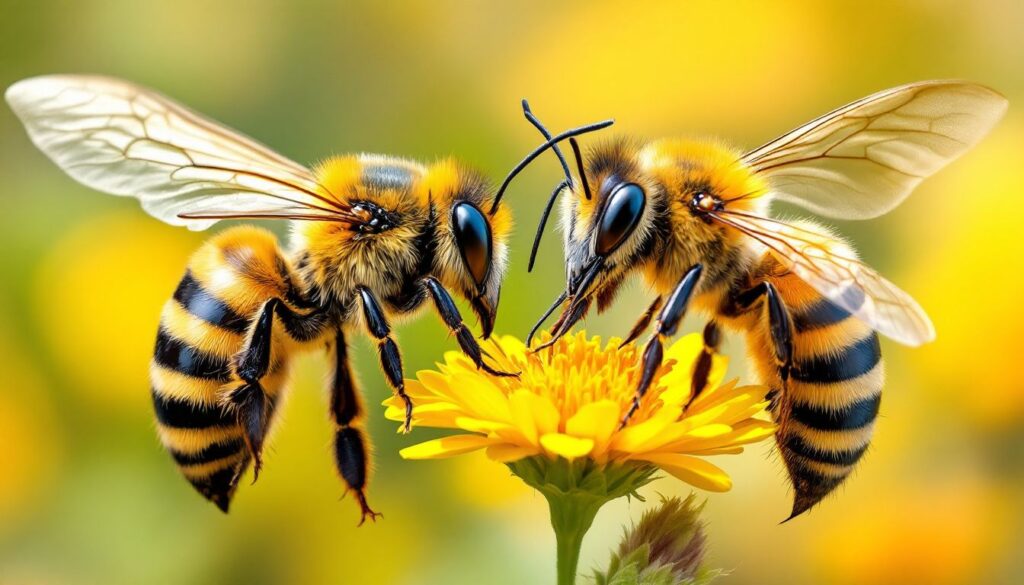 Male drone and female bee on a flower, illustrating the role of male bees without stingers in pollination.