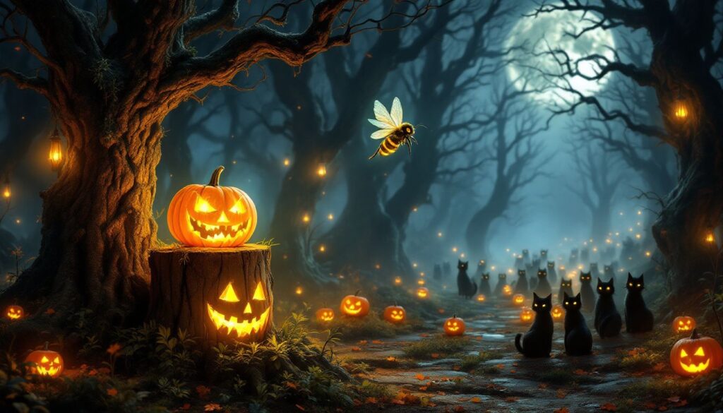 Magical bee pollinating in enchanted Halloween forest with glowing jack-o'-lanterns and mysterious cats, showcasing Bloomer's eco-friendly filter tips' impact on pollinator conservation