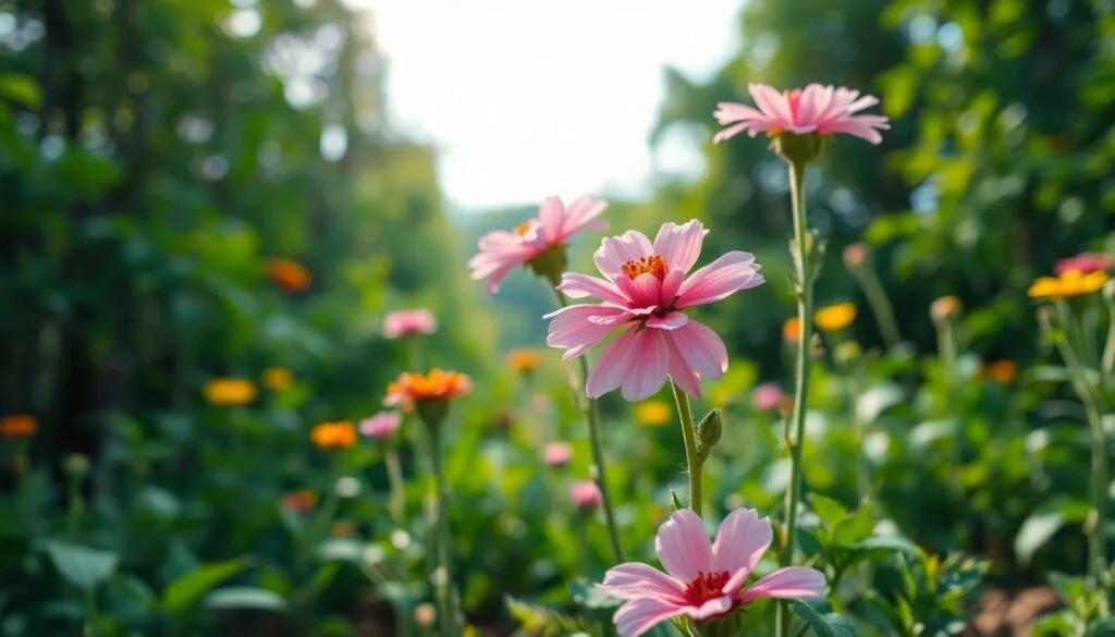 Vibrant group of pink flowers blooming in a garden, symbolizing pollinator-friendly plants for eco-conscious gardening.
