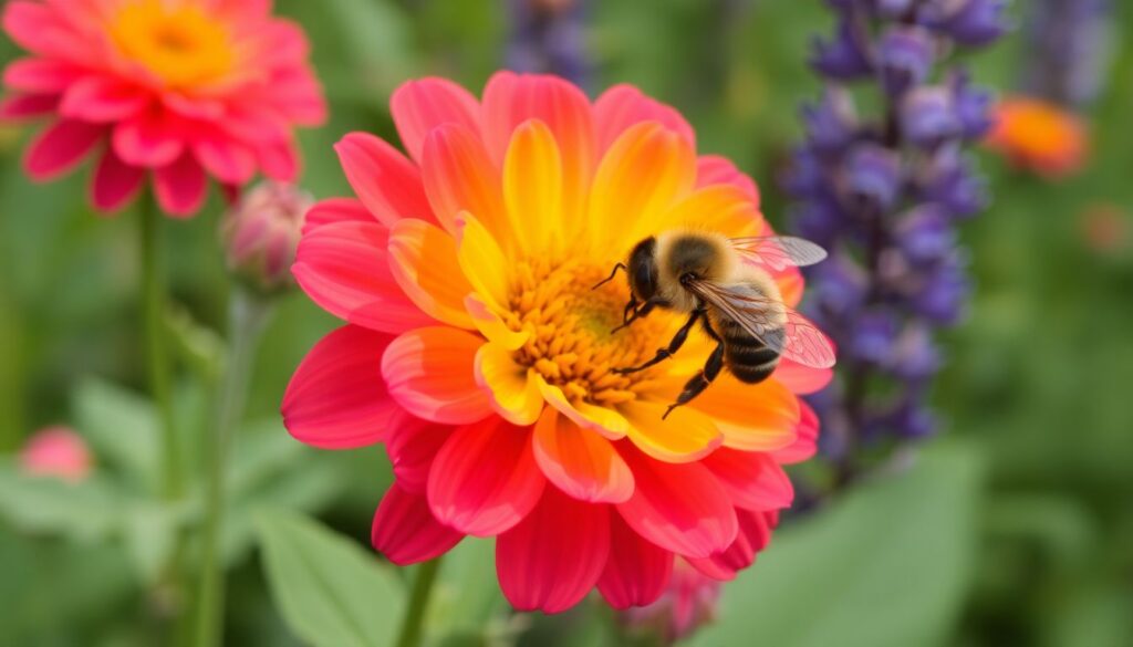 Honeybee pollinating a vibrant flower, showcasing the essential role of bees in ecosystem health and biodiversity.