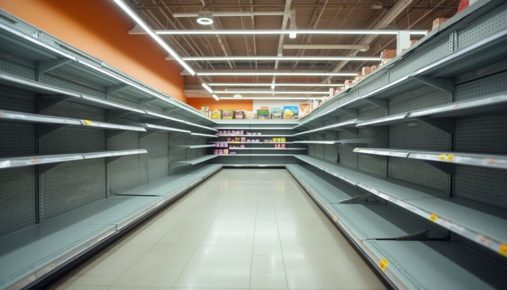 Empty store shelves due to declining pollinator populations, highlighting the impact of reduced bee activity on food supply.