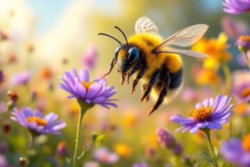 A HD bumble bee flying over a field of flowers, Highlighting their large bodys.