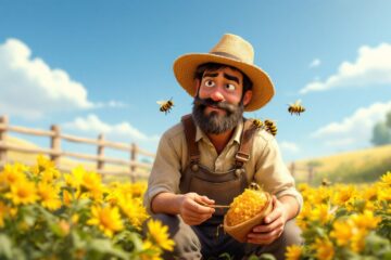 Joyful animated bee farmer harvesting golden honey, surrounded by buzzing bees and vibrant yellow wildflowers, showcasing sustainable beekeeping practices