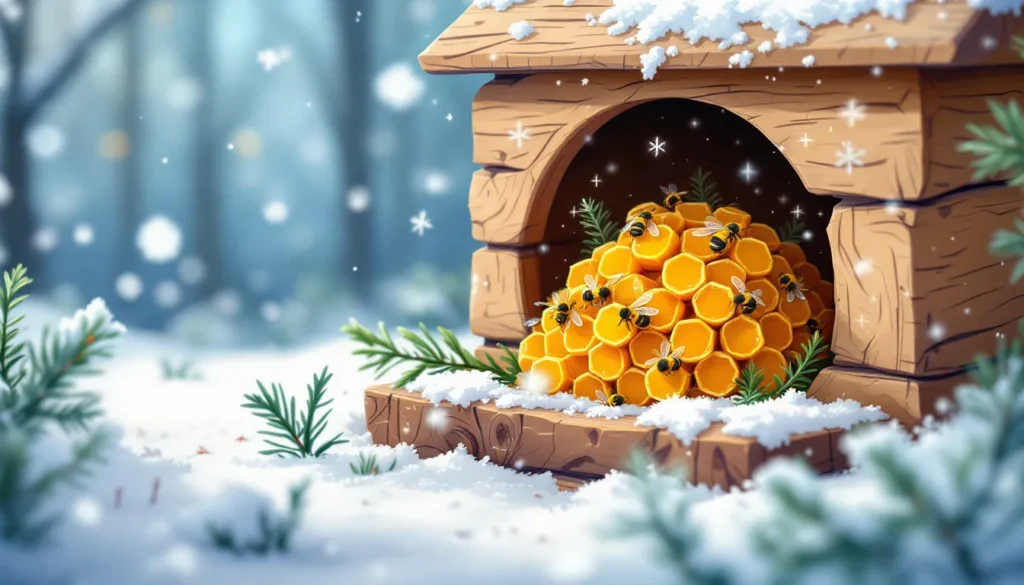 A depiction of Bees saving up honey in the winter, A pile of honeycomb and Bees, Winter Snow