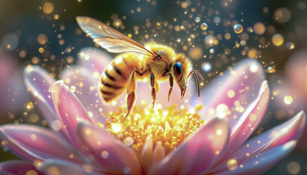 A bee hovers over a pink flower surrounded by glowing particles in a sunlit setting.