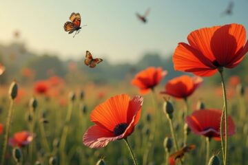 Vibrant Papaver rhoeas flower patch with two butterflies, showcasing biodiversity and pollinator support