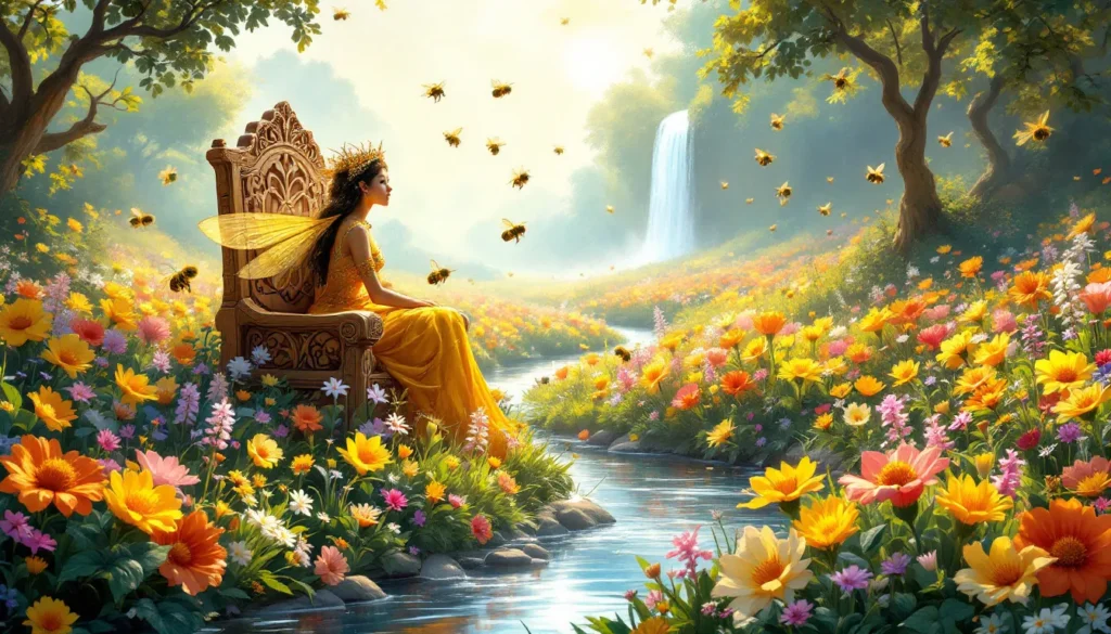 A Queen Bee in a field of flowers around her workers. Enchanted with Waterfall in background