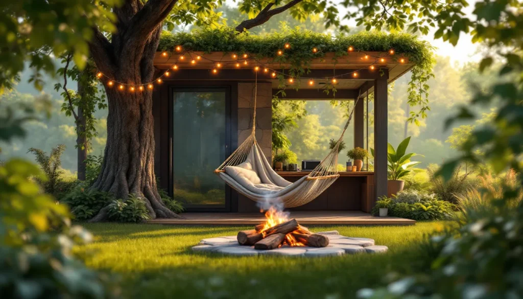 Superior Smoking Experience featuring an ourdoor eco-friendly grass hut, hammock and a fireplace.