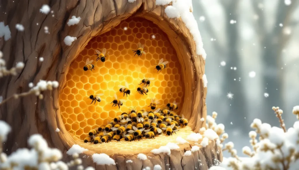Bees huddling together on a homey comb to stay warm in the winter.