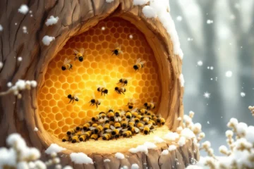 Bees huddling together on a homey comb to stay warm in the winter.