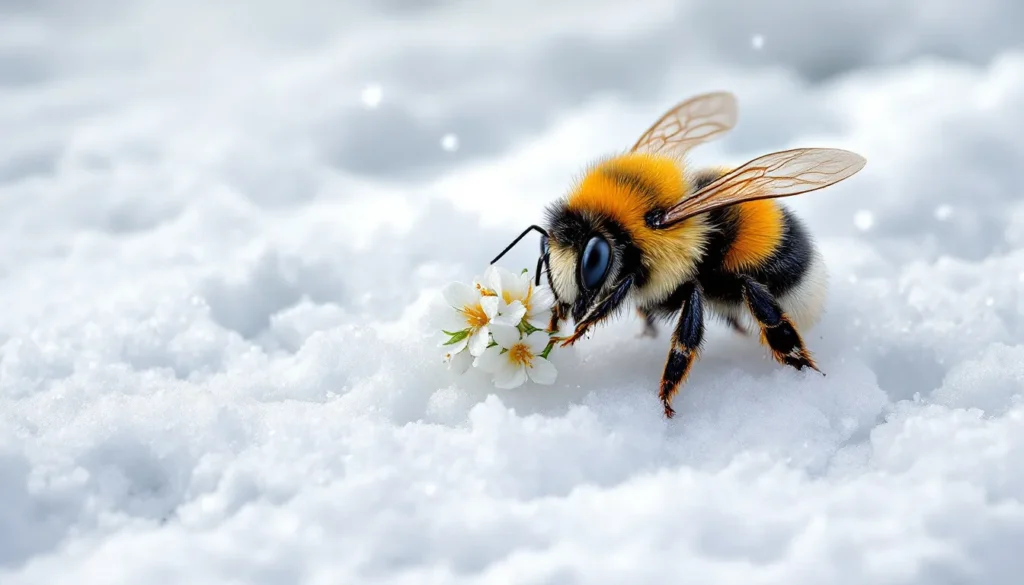 Bee Dragging flower through the snow, Representing foraging for food sources in the winter