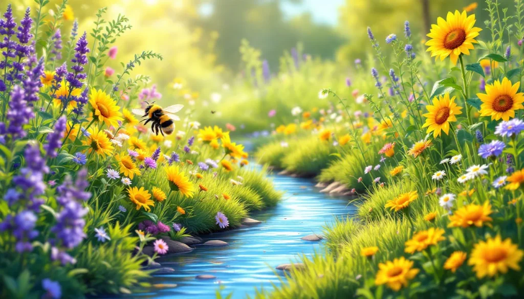 A bee flies gracefully over a field of flowers, its wings slicing through the air. The field is Vibrant with flowers with a small stream in the center, Representing a Eco-Friendly Environment