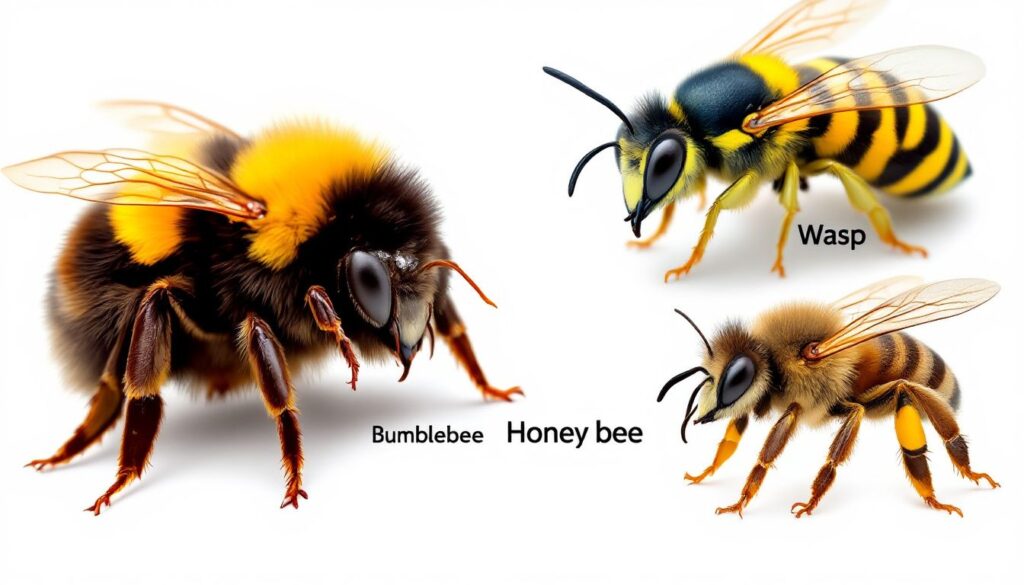 A graph showing different bees, Honey Bee, Wasp, And Bumble bee Depiction of them being pest is false, Photo displaying how each bee looks