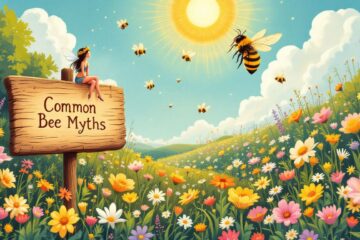 Common Bee Myths featured image with a fairs on a sign with bees flying around a vast colorful garden of flowers. Save The Bees!