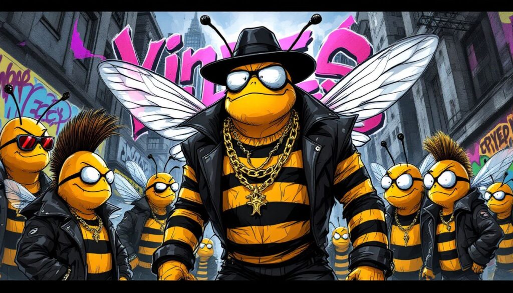 A depiction of a group of gangster bees which provides incite to the myth that all bees are aggressive