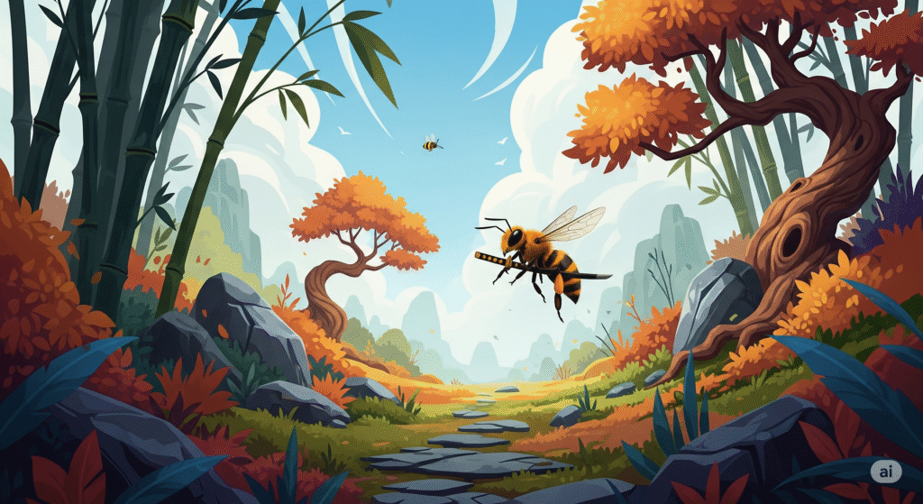 A landscape image featuring a ninja bee in a dynamic pose within a stylized, action-packed environment, reminiscent of a Japanese garden, emphasizing movement and energy.