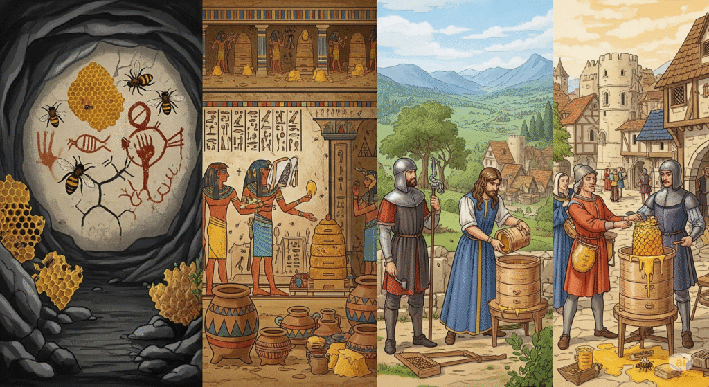 A landscape timeline depicting the ancient relationship between humans and bees, showing cave paintings, Egyptian beekeeping practices, and medieval beekeeping scenes.