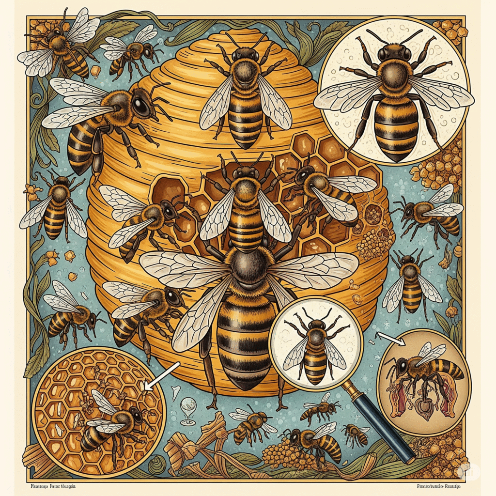 Detailed illustration of a beehive teeming with honeybees, showcasing honeycomb cells, worker bees, and the queen bee, emphasizing the fascinating social structure and productivity of a bee colony.