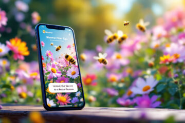 Discover the secret to a better session with Bloomer Filter Tips, as shown on a smartphone screen surrounded by a lively scene of flowers and bees.