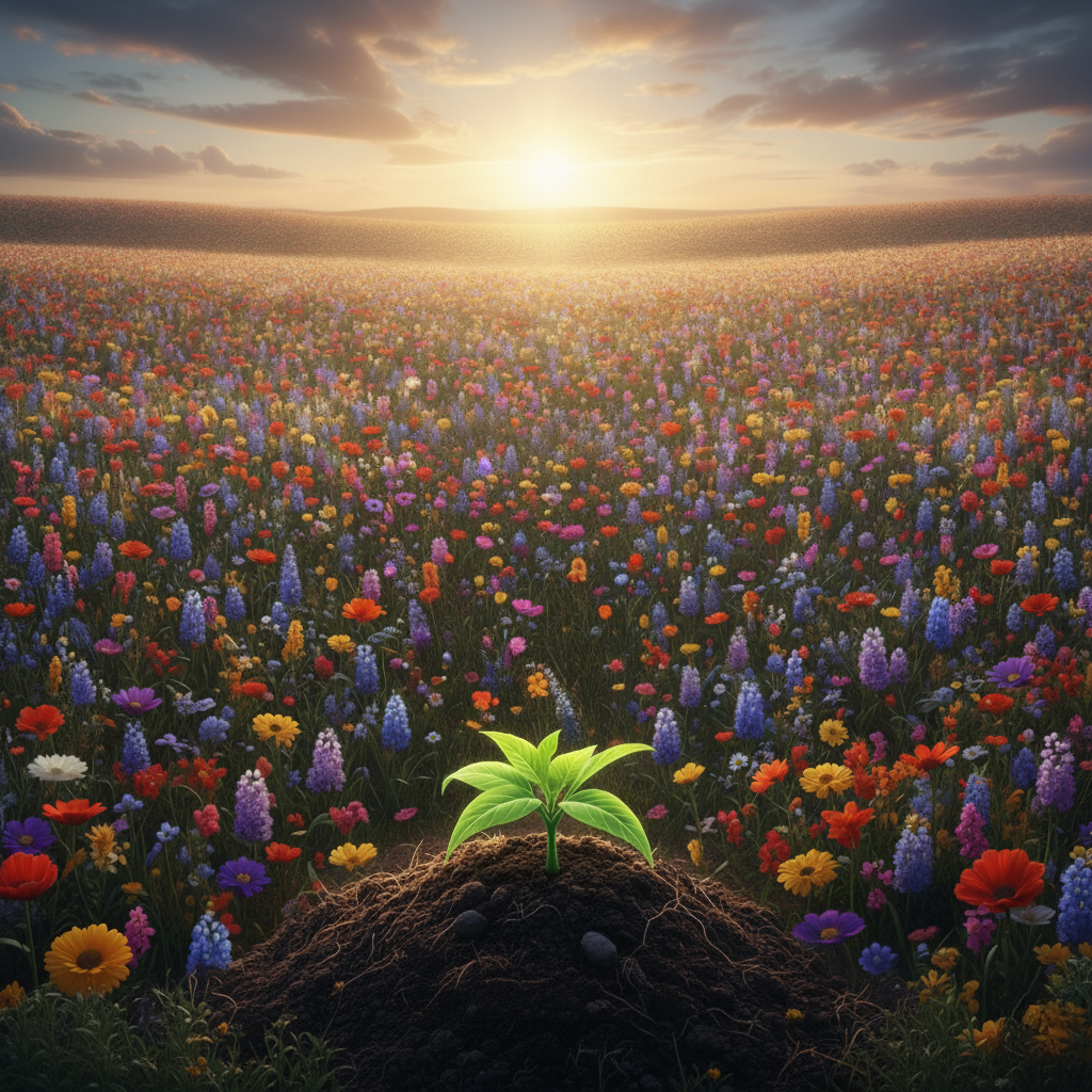 A single vibrant green sprout emerges from a mound of rich dark earth, set against a vast, colorful field of wildflowers under a bright, distant sunset.
